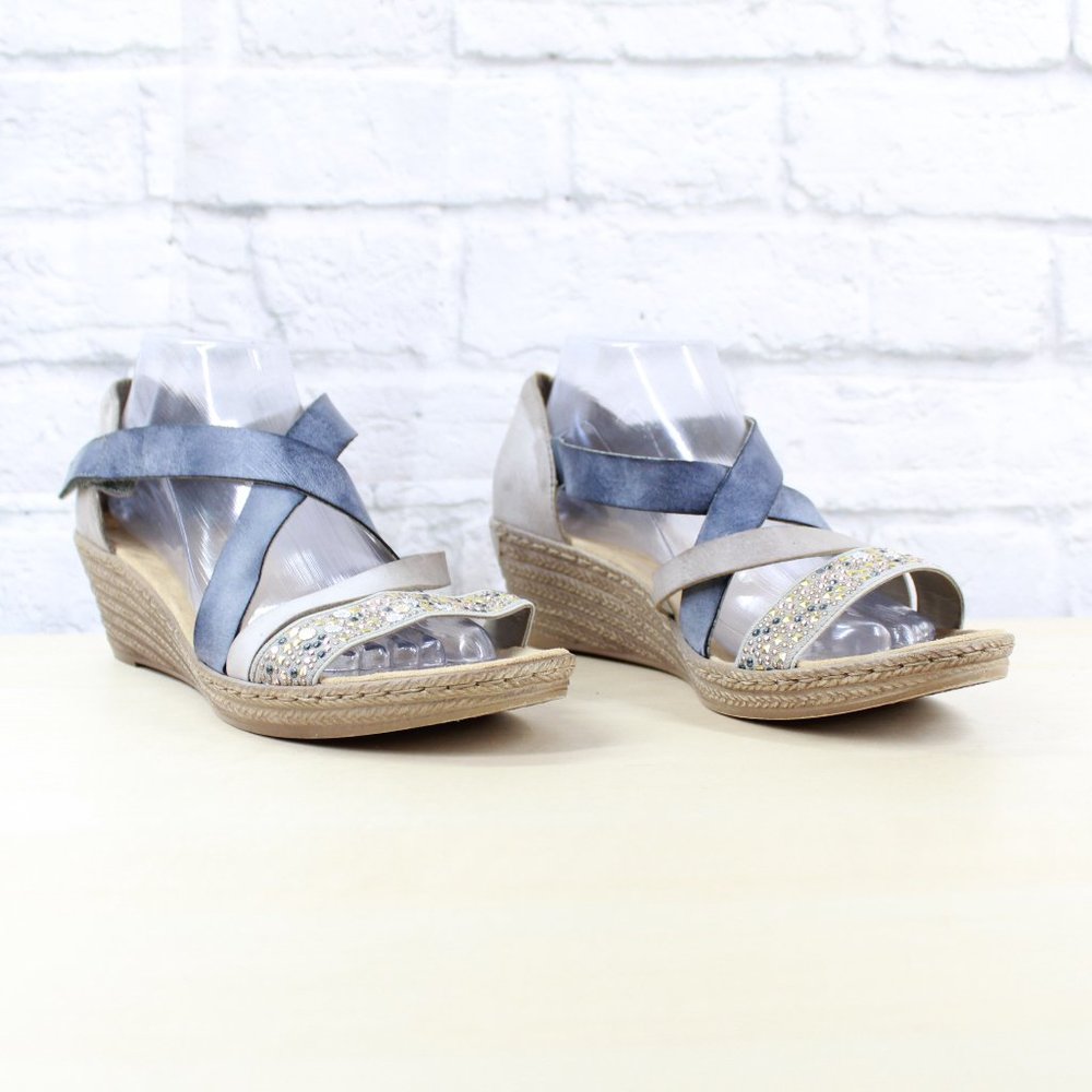 RIEKER Blue Brown Strappy Wedge Heeled Sandals Siz - Picture 3 of 9